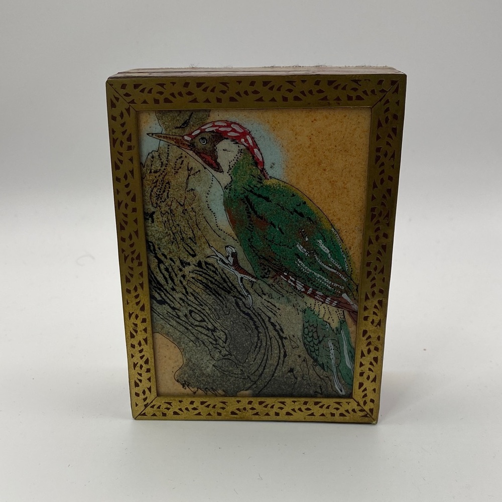 Vintage Wooden Trinket Box with Green Woodpecker on Lacquered Top Brass Inlay